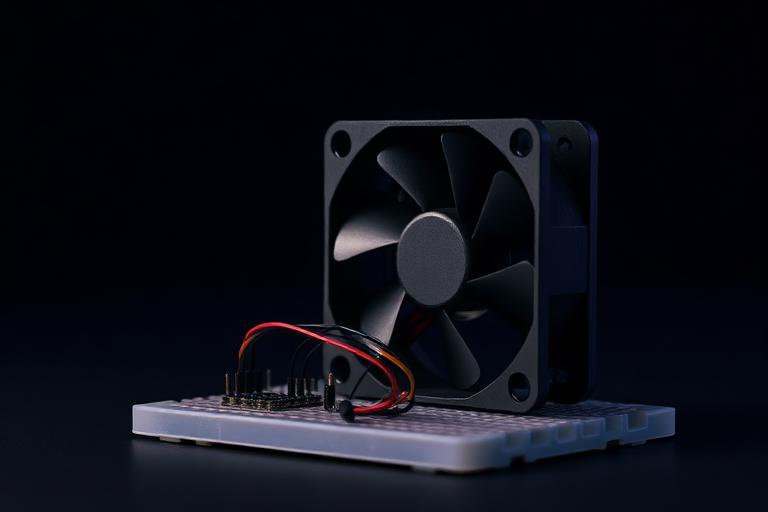 12 volt cooling fan wired through a transistor circuit on a breadboard with a temperature sensor