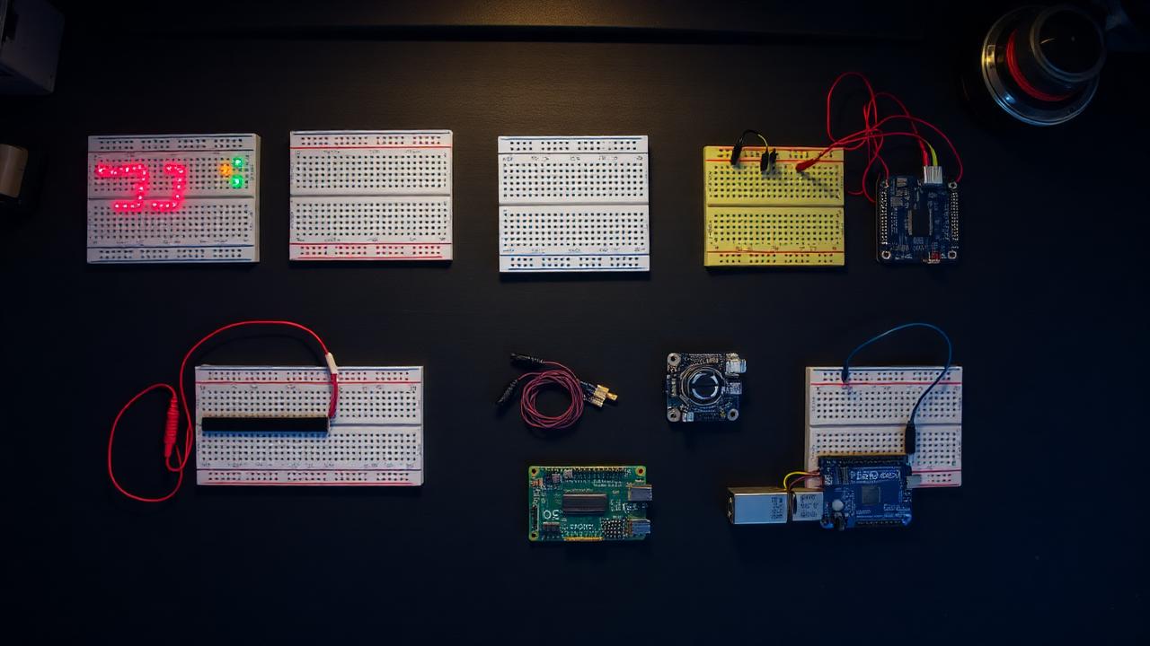 Overhead view of a home workbench with five beginner electronics builds laid out side by side