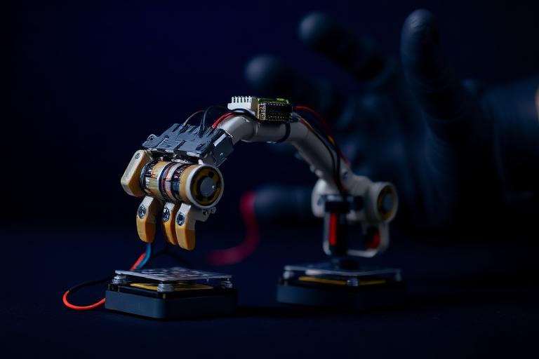 Servo-driven hobby robotic arm and gripper wired to a controller, with a gloved hand behind it