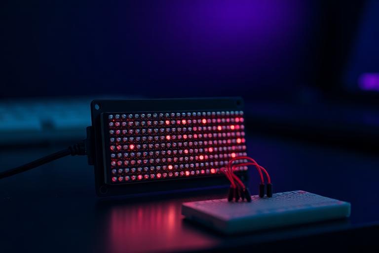LED dot-matrix panel glowing red, connected by jumper wires to a breadboard