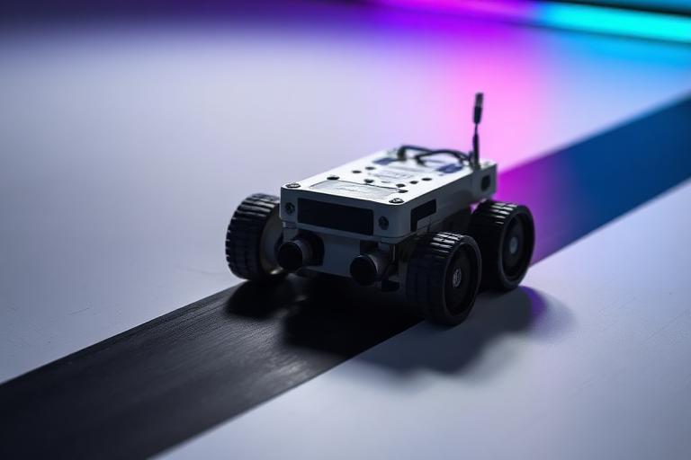 Small wheeled robot buggy tracking a black tape line across a white surface