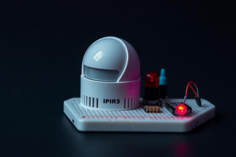 White PIR motion sensor module on a breadboard with a buzzer and red indicator LED
