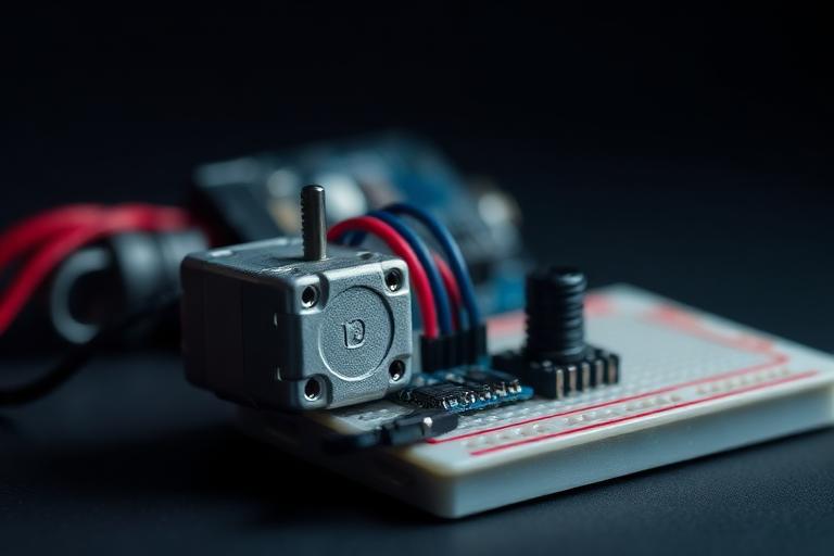 Small DC motor wired through a motor driver and potentiometer on a breadboard