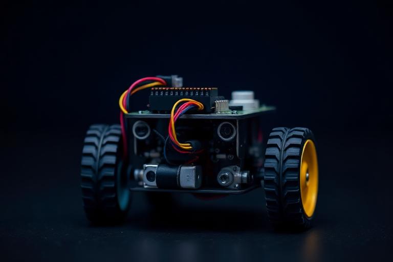 Four-wheeled hobby robot chassis with an ultrasonic distance sensor and microcontroller mounted on top