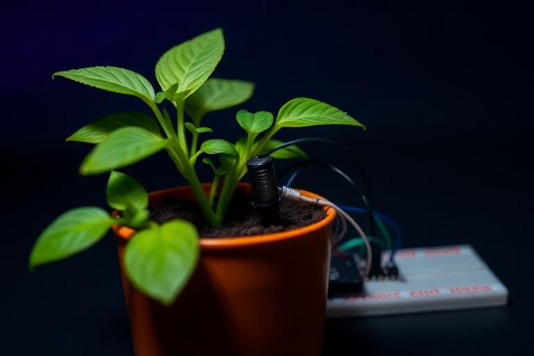 Soil moisture probe pushed into a potted houseplant and wired to a breadboard circuit