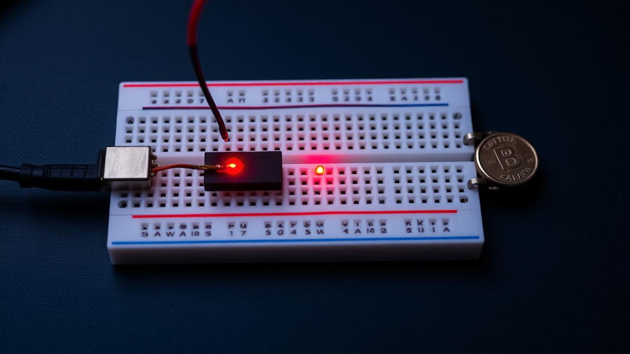 A glowing red LED wired through a resistor and jumper wires on a white breadboard