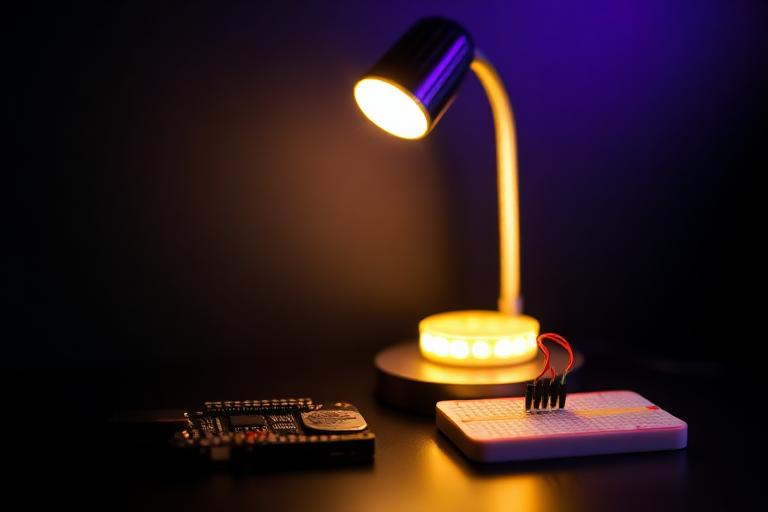 Warm-lit desk lamp beside a microcontroller and breadboard wired with a light sensor