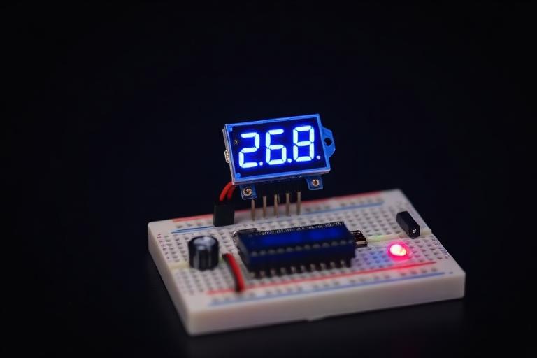 Digital temperature readout above a breadboard holding a temperature sensor, buzzer and indicator LED