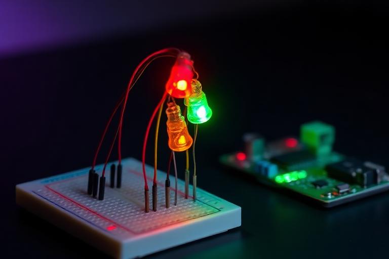 Red, amber and green LEDs wired in a traffic-light column on a breadboard next to a microcontroller board